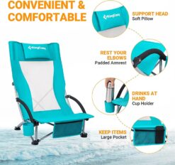 KingCamp Low Sling Beach Chairs,Folding High Mesh Reclining Back Chair for Adults with Headrest,Cup Holder,Carry Bag