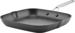 KitchenAid Hard Anodized Induction Nonstick Square Grill Pan/Griddle with Pouring Spouts, 11.25 Inch, Matte Black