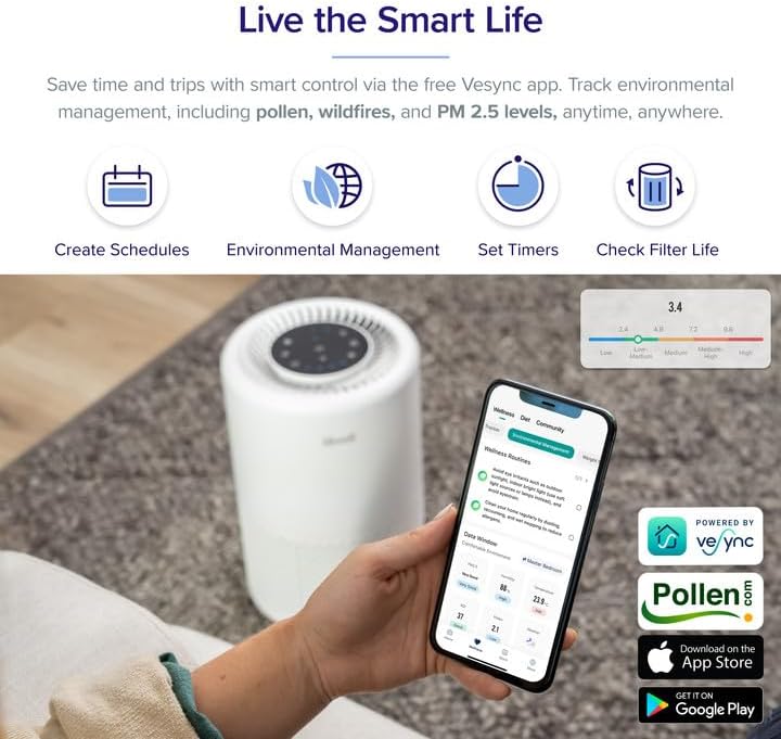 LEVOIT Air Purifier for Home Large Room, Smart WiFi Alexa Control, HEPA  Filter for Allergies, Removes Pollutants, Smoke, Dust, Covers up to 915  Sq.Foot, 24dB Quiet for Bedroom, Core 200S, White