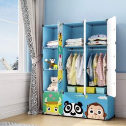 MAGINELS Children Wardrobe Kid Dresser Cute Baby Portable Closet Bedroom Armoire Clothes Hanging Storage Rack Cube Organizer ，Large Blue 8 Cube & 2 Hanging Section
