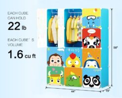 MAGINELS Children Wardrobe Kid Dresser Cute Baby Portable Closet Bedroom Armoire Clothes Hanging Storage Rack Cube Organizer ，Large Blue 8 Cube & 2 Hanging Section