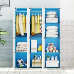 MAGINELS Children Wardrobe Kid Dresser Cute Baby Portable Closet Bedroom Armoire Clothes Hanging Storage Rack Cube Organizer ，Large Blue 8 Cube & 2 Hanging Section