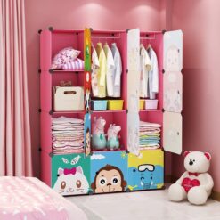 MAGINELS Children Wardrobe Kid Dresser Cute Baby Portable Closet Bedroom Armoire Clothes Hanging Storage Rack Cube Organizer,(Pink, 8 Cube & 2 Rod)