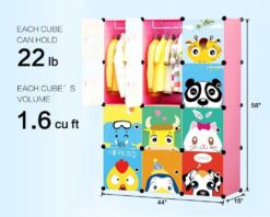 MAGINELS Children Wardrobe Kid Dresser Cute Baby Portable Closet Bedroom Armoire Clothes Hanging Storage Rack Cube Organizer,(Pink, 8 Cube & 2 Rod)