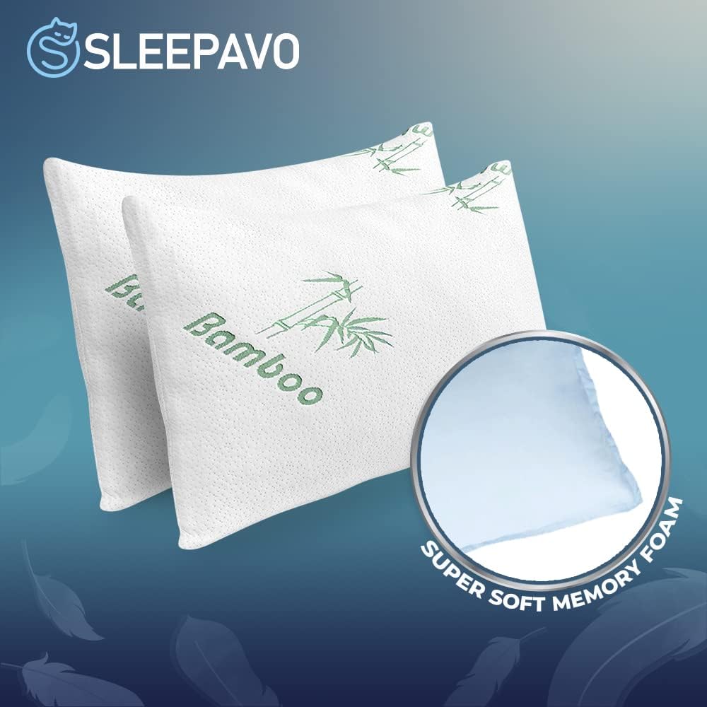 Bamboo Pillow Queen Size Shredded Memory Foam for Sleeping - Ultra Soft, Cool & Breathable Cover with Zipper Closure - Relieves Neck Pain, Snoring