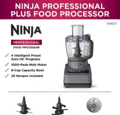 Ninja BN601 Professional Plus Food Processor, 1000 Peak Watts, 4 Functions for Chopping, Slicing, Purees & Dough with 9-Cup Processor Bowl, 3 Blades, Food Chute & Pusher, Silver