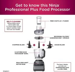 Ninja BN601 Professional Plus Food Processor, 1000 Peak Watts, 4 Functions for Chopping, Slicing, Purees & Dough with 9-Cup Processor Bowl, 3 Blades, Food Chute & Pusher, Silver