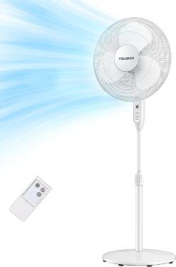 PELONIS 16'' Pedestal Remote Control Oscillating Stand Up Fan 7-Hour Timer, 3-Speed, and Adjustable Height,Electric Cooling Fans for Home Office Bedroom Use, White