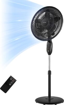 PELONIS PFS45A5BBB 18 inch 5-Blade Oscillating, Adjustable Standing Pedestal Remote, LED Display, 5 Speed Setting and 7-Hour Timer Fan, Black