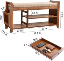 PETKABOO 2 Tier Shoe Bench, Shoe Rack with Hidden Drawer and Side Holder, Shoe Storage Bench Organizer for Entryway Hallway Living Room, Bamboo Material