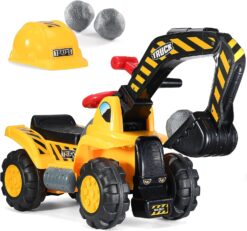 Play22 Toy Tractors for Kids Ride On Excavator - Music Sounds Digger Scooter Tractor Toys Bulldozer Includes Helmet with Rocks - Ride on Tractor Pretend Play - Toddler Tractor Construction Truck