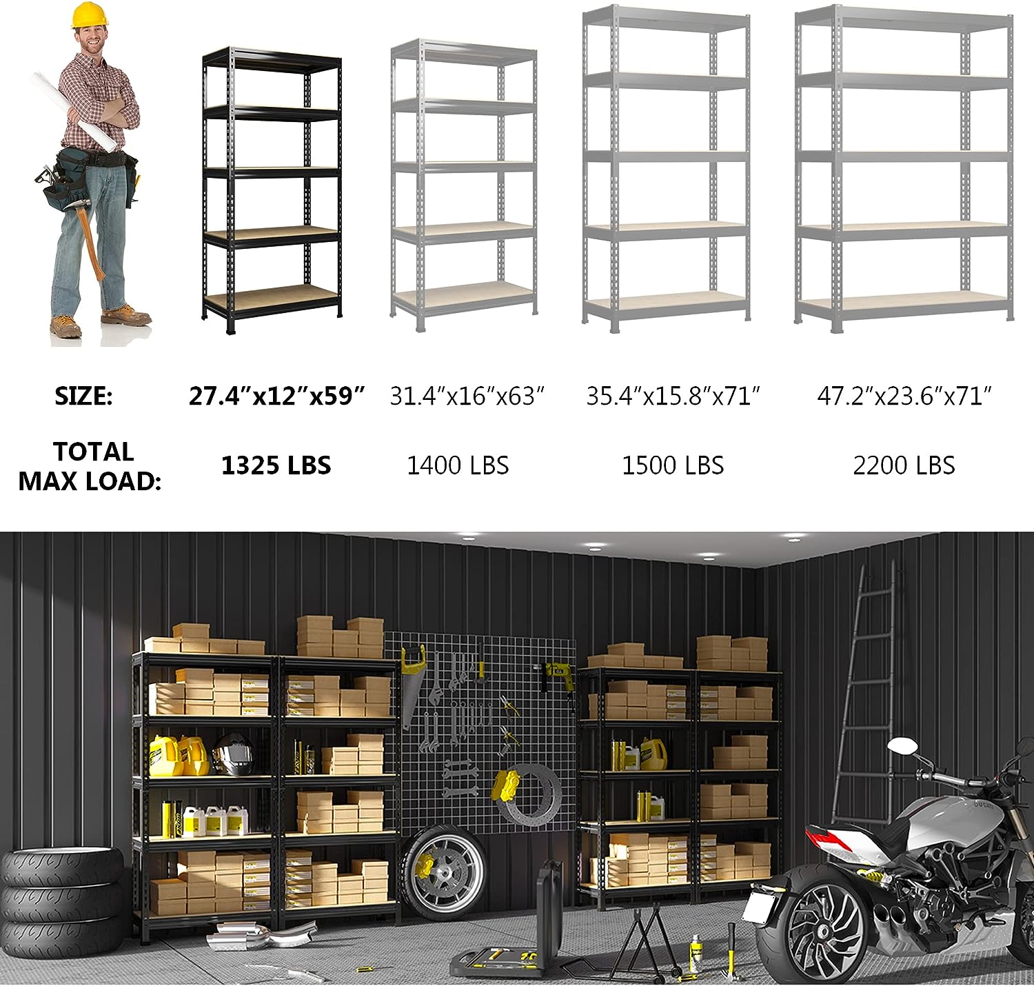 PrimeZone Storage Shelves 5 Tier Adjustable Garage Storage Shelving, Heavy  Duty Metal Storage Utility Rack Shelf Unit for Warehouse Pantry Closet  Kitchen, 28 x 12 x 59, Black