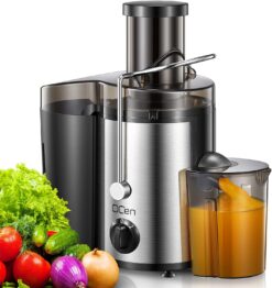 QCen Juicer Machine, 500W Centrifugal Juicer Extractor with Wide Mouth 3” Feed Chute for Fruit Vegetable, Easy to Clean, Stainless Steel, BPA-free, (Black) (Black)