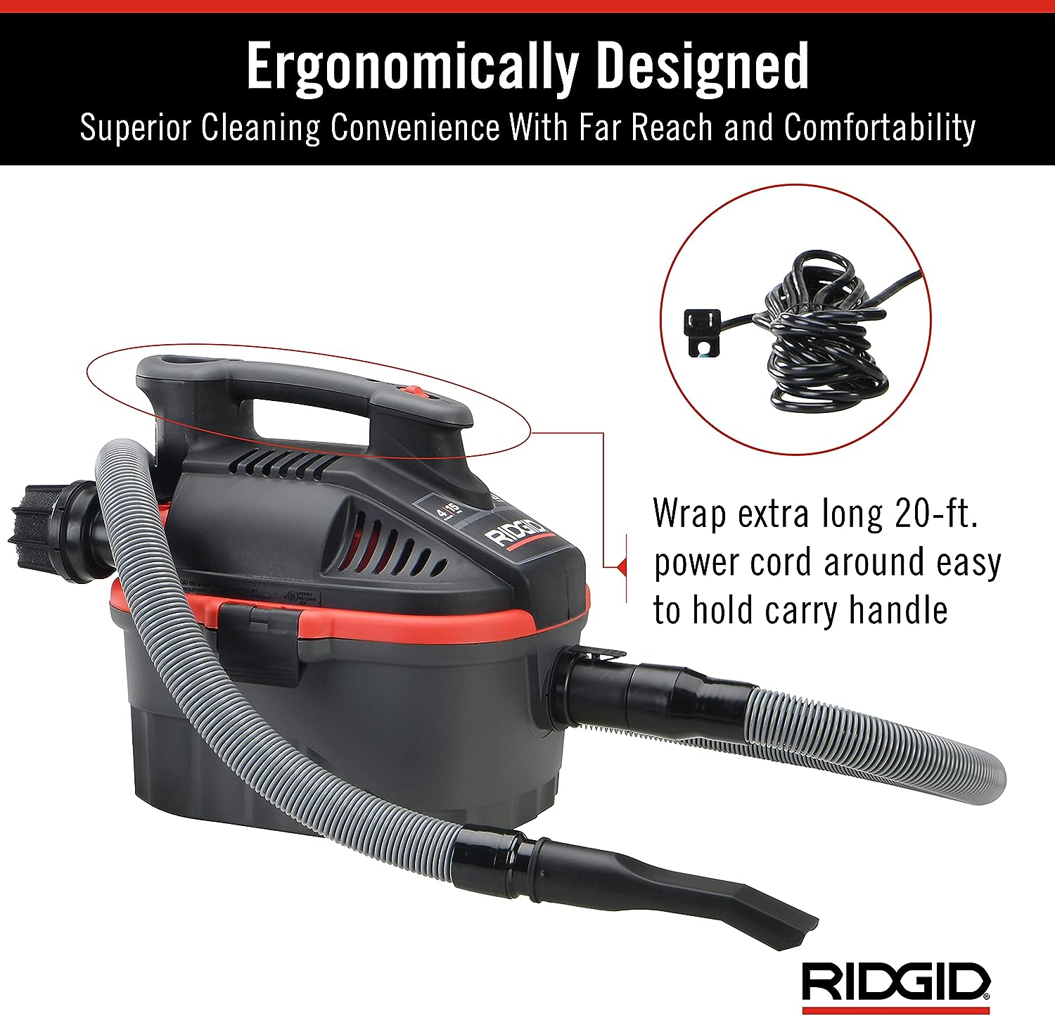 RIDGID 50313 Model 4000RV 4-Gallon Portable Wet and Dry Compact Vacuum  Cleaner with 5.0 Peak-HP Motor, 4 gallon, Red