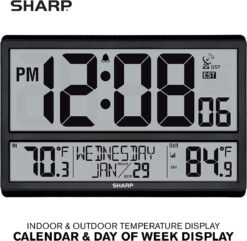SHARP Atomic Clock - Never Needs Setting! –Easy to Read Numbers - IndoorOutdoor Temperature