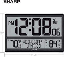 SHARP Atomic Clock - Never Needs Setting! –Easy to Read Numbers - IndoorOutdoor Temperature