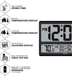 SHARP Atomic Clock - Never Needs Setting! –Easy to Read Numbers - IndoorOutdoor Temperature