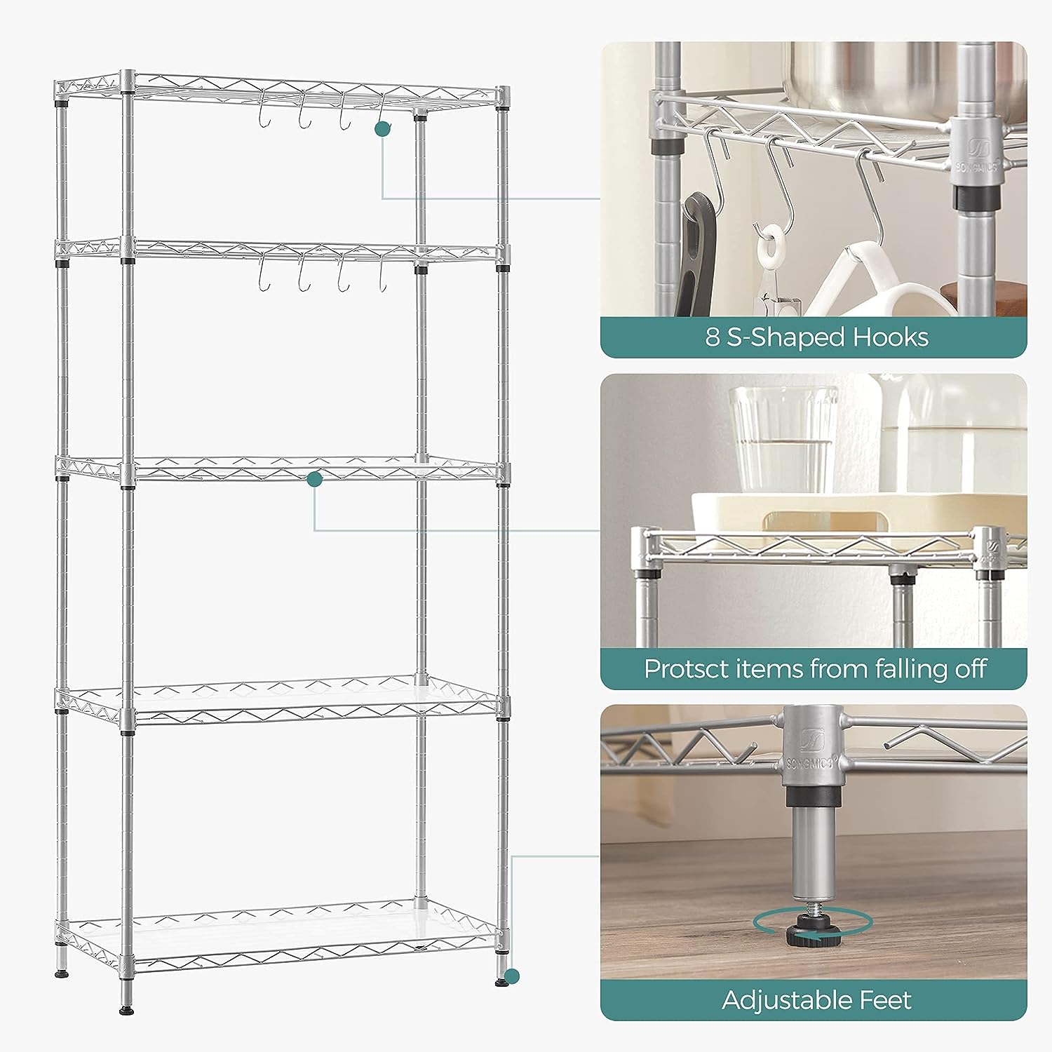 SONGMICS Kitchen Shelf, Metal Shelves, 5-Tier Wire Shelving Unit with 8  Hooks, Narrow Storage Rack with PP Shelf Liners, Height-Adjustable, for  Bathroom, Pantry, Silver ULGR065E01