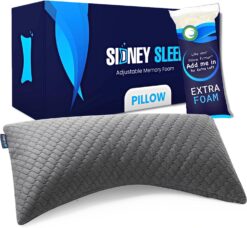 Sidney Sleep Bed Pillow for Side and Back Sleepers - Adjustable Filling - Memory Foam Pillow for Neck and Shoulder Pain - Customizable Loft - King Size - Additional Foam Bag Included (King, Grey)