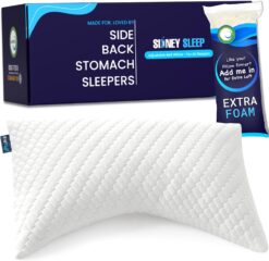Sidney Sleep Bed Pillow for Side and Back Sleepers - Adjustable Filling - Memory Foam Pillow for Neck and Shoulder Pain - Customizable Loft - Queen Size - Additional Foam Bag Included (Queen, White)