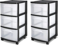 Sterilite 28309002 3 Drawer Cart, Black Frame with Clear Drawers and Black Casters, 2-Pack