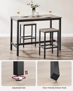 VASAGLE Bar Table Set, Bar Table with 2 Bar Stools, Dining table set, Kitchen Counter with Bar Chairs, Industrial for Kitchen, Living Room, Party Room, Greige and Black ULBT015B02