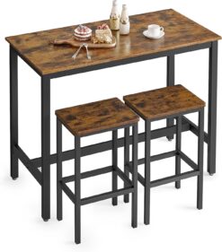 VASAGLE Bar Table Set, with 2 Bar Stools, Dining table set, Kitchen Counter with Bar Chairs, Industrial, Living Room, Party Room, Rustic Brown and Black ULBT15X