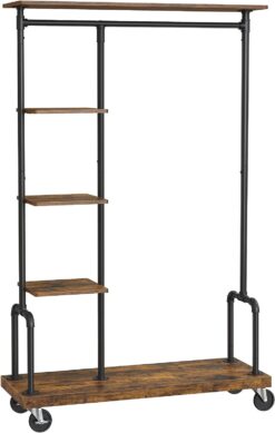 VASAGLE Clothes Rack, Clothing Garment Rack on Wheels, Rolling Clothes Organizer with 5-Tier, Industrial Pipe Style, Rustic Brown UHSR66BX