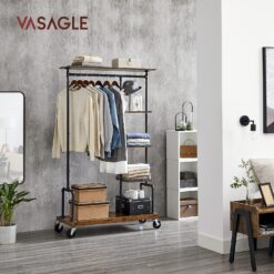 VASAGLE Clothes Rack, Clothing Garment Rack on Wheels, Rolling Clothes Organizer with 5-Tier, Industrial Pipe Style, Rustic Brown UHSR66BX