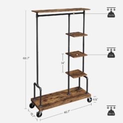 VASAGLE Clothes Rack, Clothing Garment Rack on Wheels, Rolling Clothes Organizer with 5-Tier, Industrial Pipe Style, Rustic Brown UHSR66BX