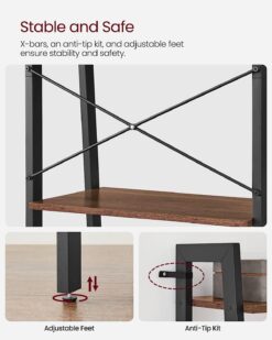 VASAGLE Ladder Shelf, 4-Tier Bookshelf, Storage Rack, Bookcase with Steel Frame, for Living Room, Home Office, Kitchen, Bedroom, Industrial Style, Hazelnut Brown and Black ULLS044B03