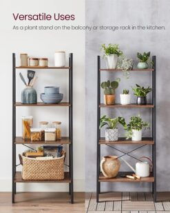 VASAGLE Ladder Shelf, 4-Tier Bookshelf, Storage Rack, Bookcase with Steel Frame, for Living Room, Home Office, Kitchen, Bedroom, Industrial Style, Hazelnut Brown and Black ULLS044B03