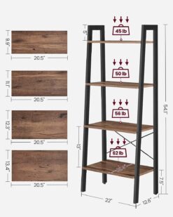 VASAGLE Ladder Shelf, 4-Tier Bookshelf, Storage Rack, Bookcase with Steel Frame, for Living Room, Home Office, Kitchen, Bedroom, Industrial Style, Hazelnut Brown and Black ULLS044B03