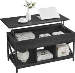 VASAGLE Lift Top Coffee Table for Living Room, Industrial Coffee Table with Hidden Compartments and Storage Shelf, Steel Frame, 19.7 x 39.4 x (19.3-24.4) Inches, Black with Wood Grain ULCT202B22