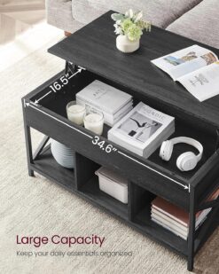 VASAGLE Lift Top Coffee Table for Living Room, Industrial Coffee Table with Hidden Compartments and Storage Shelf, Steel Frame, 19.7 x 39.4 x (19.3-24.4) Inches, Black with Wood Grain ULCT202B22