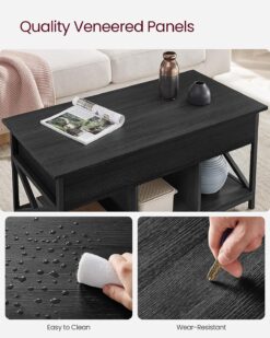 VASAGLE Lift Top Coffee Table for Living Room, Industrial Coffee Table with Hidden Compartments and Storage Shelf, Steel Frame, 19.7 x 39.4 x (19.3-24.4) Inches, Black with Wood Grain ULCT202B22