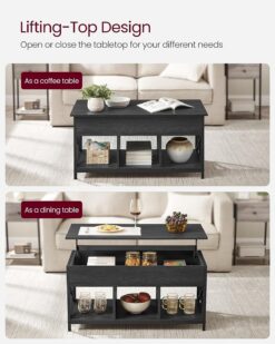 VASAGLE Lift Top Coffee Table for Living Room, Industrial Coffee Table with Hidden Compartments and Storage Shelf, Steel Frame, 19.7 x 39.4 x (19.3-24.4) Inches, Black with Wood Grain ULCT202B22