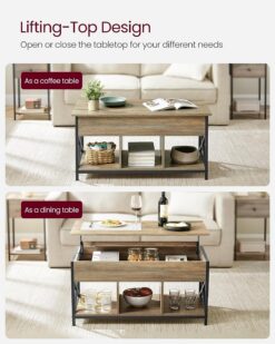 VASAGLE Lift Top Coffee Table for Living Room, Industrial Coffee Table with Hidden Compartments and Storage Shelf, Steel Frame, 19.7 x 39.4 x (19.3-24.4) Inches, Oak with Blue Grains ULCT202B60