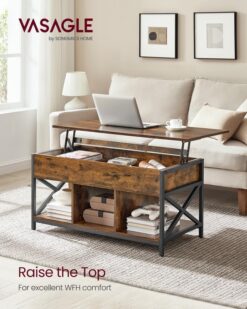 VASAGLE Lift Top Coffee Table for Living Room, Industrial Coffee Table with Hidden Compartments and Storage Shelf, Steel Frame, 19.7 x 39.4 x (19.3-24.4) Inches, Rustic Brown and Black ULCT202B01