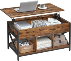 VASAGLE Lift Top Coffee Table for Living Room, Industrial Coffee Table with Hidden Compartments and Storage Shelf, Steel Frame, 19.7 x 39.4 x (19.3-24.4) Inches, Rustic Brown and Black ULCT202B01