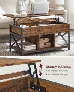 VASAGLE Lift Top Coffee Table for Living Room, Industrial Coffee Table with Hidden Compartments and Storage Shelf, Steel Frame, 19.7 x 39.4 x (19.3-24.4) Inches, Rustic Brown and Black ULCT202B01