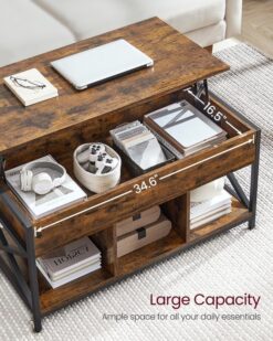 VASAGLE Lift Top Coffee Table for Living Room, Industrial Coffee Table with Hidden Compartments and Storage Shelf, Steel Frame, 19.7 x 39.4 x (19.3-24.4) Inches, Rustic Brown and Black ULCT202B01