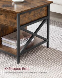 VASAGLE Lift Top Coffee Table for Living Room, Industrial Coffee Table with Hidden Compartments and Storage Shelf, Steel Frame, 19.7 x 39.4 x (19.3-24.4) Inches, Rustic Brown and Black ULCT202B01