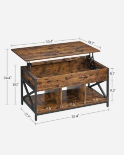 VASAGLE Lift Top Coffee Table for Living Room, Industrial Coffee Table with Hidden Compartments and Storage Shelf, Steel Frame, 19.7 x 39.4 x (19.3-24.4) Inches, Rustic Brown and Black ULCT202B01
