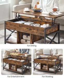 VASAGLE Lift Top Coffee Table for Living Room, Industrial Coffee Table with Hidden Compartments and Storage Shelf, Steel Frame, 19.7 x 39.4 x (19.3-24.4) Inches, Rustic Brown and Black ULCT202B01