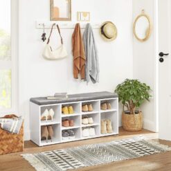 VASAGLE Rack Bench, Shoe Shelf, Storage Cabinet Compartments, with Cushion, for Entryway, 11.8 x 40.9 x 18.9 Inches, 10 Cubbies, White + Gray