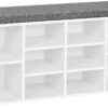 VASAGLE Rack Bench, Shoe Shelf, Storage Cabinet Compartments, with Cushion, for Entryway, 11.8 x 40.9 x 18.9 Inches, 10 Cubbies, White + Gray