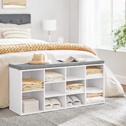VASAGLE Rack Bench, Shoe Shelf, Storage Cabinet Compartments, with Cushion, for Entryway, 11.8 x 40.9 x 18.9 Inches, 10 Cubbies, White + Gray
