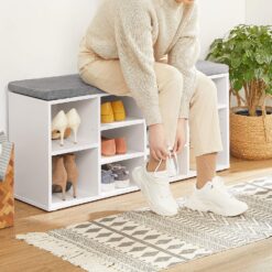 VASAGLE Rack Bench, Shoe Shelf, Storage Cabinet Compartments, with Cushion, for Entryway, 11.8 x 40.9 x 18.9 Inches, 10 Cubbies, White + Gray