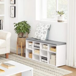 VASAGLE Rack Bench, Shoe Shelf, Storage Cabinet Compartments, with Cushion, for Entryway, 11.8 x 40.9 x 18.9 Inches, 10 Cubbies, White + Gray